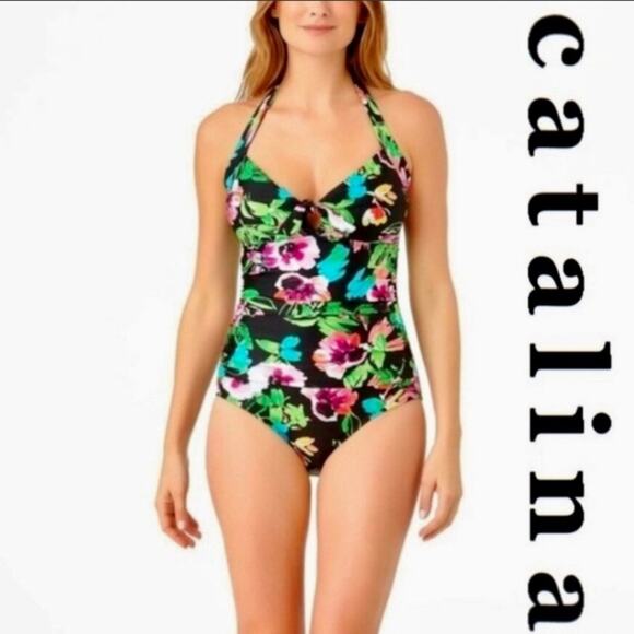 Catalina Swimsuit Floral Garden Multicolor Halter One Piece Swimsuit Medium - Picture 1 of 13